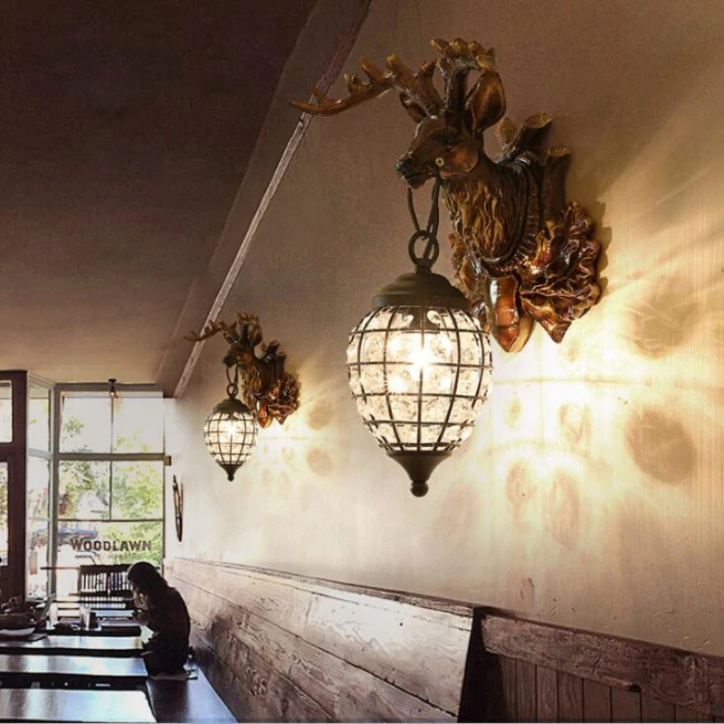  Nordic Crystal Wall Lamps Deer Head Lamp Bedroom Dining Room Bar Cafe Light Home Vintage Decoration - 32943725309