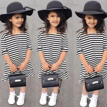 

Children's Dress Spring Autumn Girls Long Sleeve Black and White Striped Dress 1-5 Years