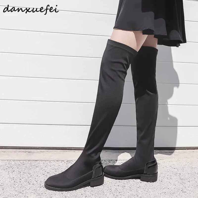

Women's stretch fabric over the knee boots black slim flats winter long boots leisure comfortable female high boots shoes women