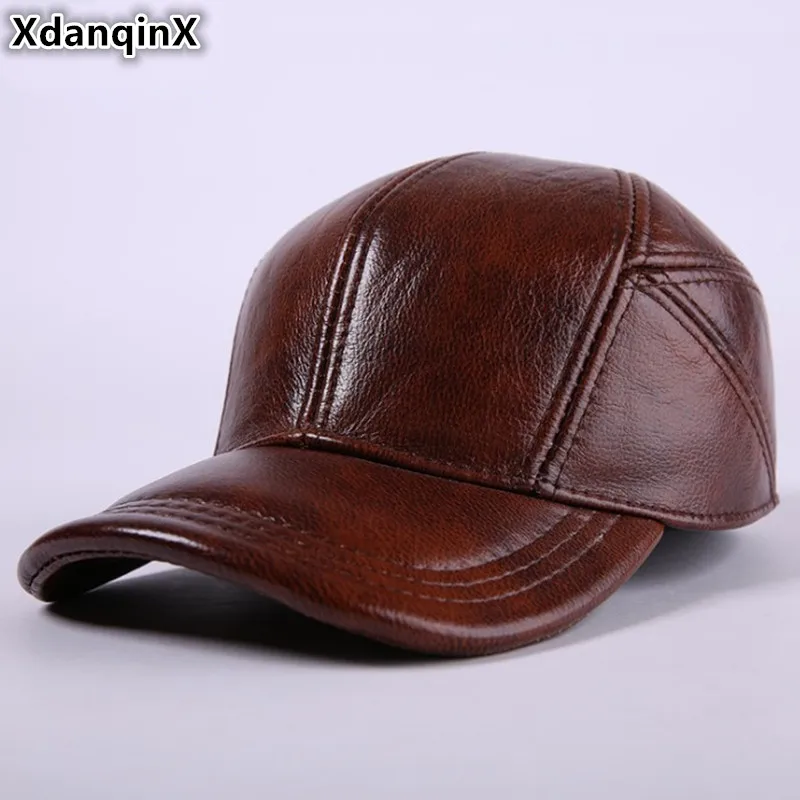 

XdanqinX Genuine Leather Men's Winter Hats Cowhide Warm Baseball Cap With Ears Adjustable Size High Quality Brand Male Bone Caps