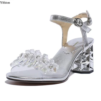 

Olomm New Women Sexy Rhinestone Sandals Square High Heel Sandals Open Toe Gorgeous Pink Silver Dress Shoes Women US Size 4-8.5