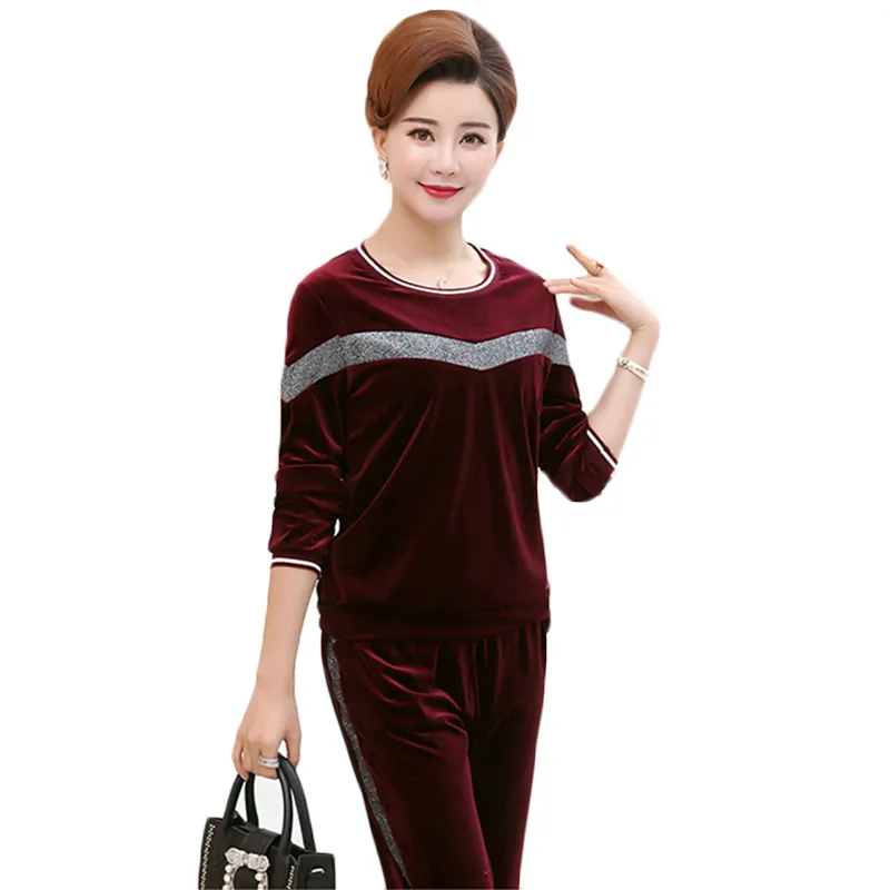 

Gold Velvet Two Piece Set Women Plus Size 5XL Women's Tracksuit Clothes Autumn 2019 Middle-aged Casual O-Neck top and pants Suit