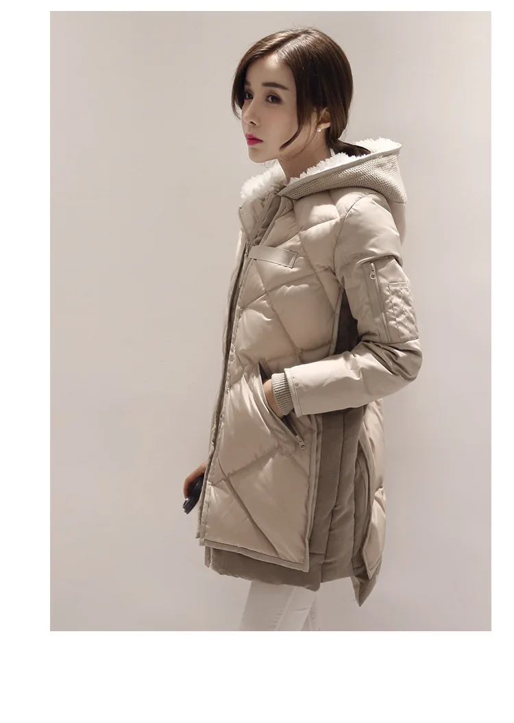 Свободный крой, уплотненный теплый длинный Зимний пуховик для женщин, искусственный мех, с капюшоном, белый утиный пух, куртка,, осень, g9820