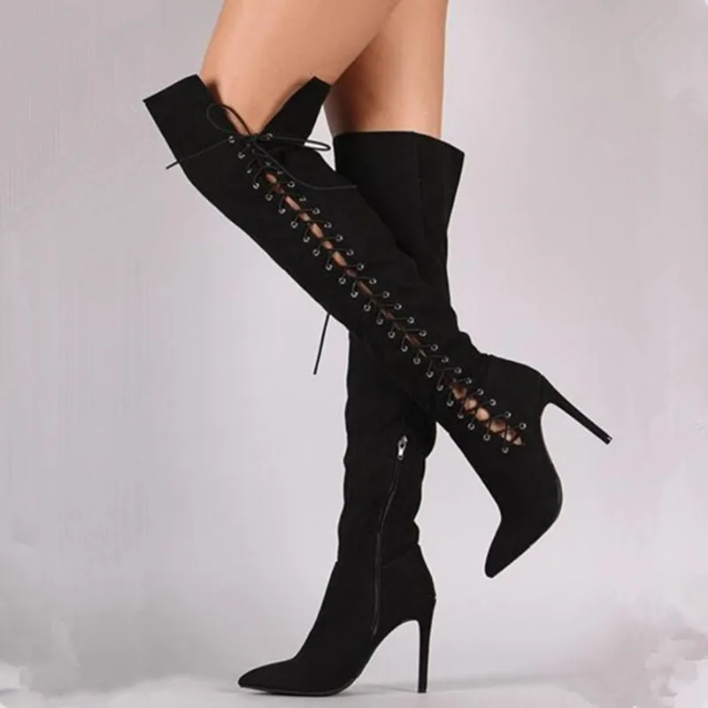 Corset-Lace-Up-Stiletto-Boots-Pointy-Toe-High-Heels-Shoes-Woman-Black ...