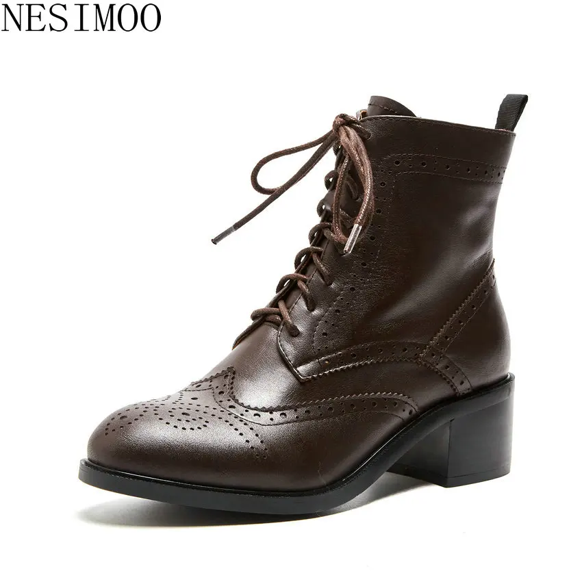 

NESIMOO 2019 Winter Fashion Shoes Woman Genuine Leather Med Heel Ankle Boots Square Round Toe Ladies Motorcycle Boots Size 34-39