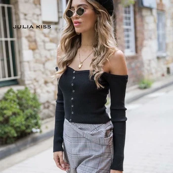 

Women Off Shoulder Ribbed Crop Knit Top with Button Detail Off Shoulder Sweater