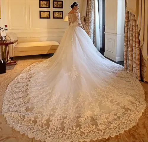 Свадебное платье новое длинное одно-слово плечо кружева со шлейфом Свадебное платье корейский большой код шоу тонкий невесты свадебное платье