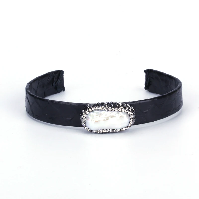 

Natural Rough Freshwater Big Pearl Bead Pave Rhinestone Charm Black Real Leather Wrap Adjustable Open Bracelet Cuff Bangle Women