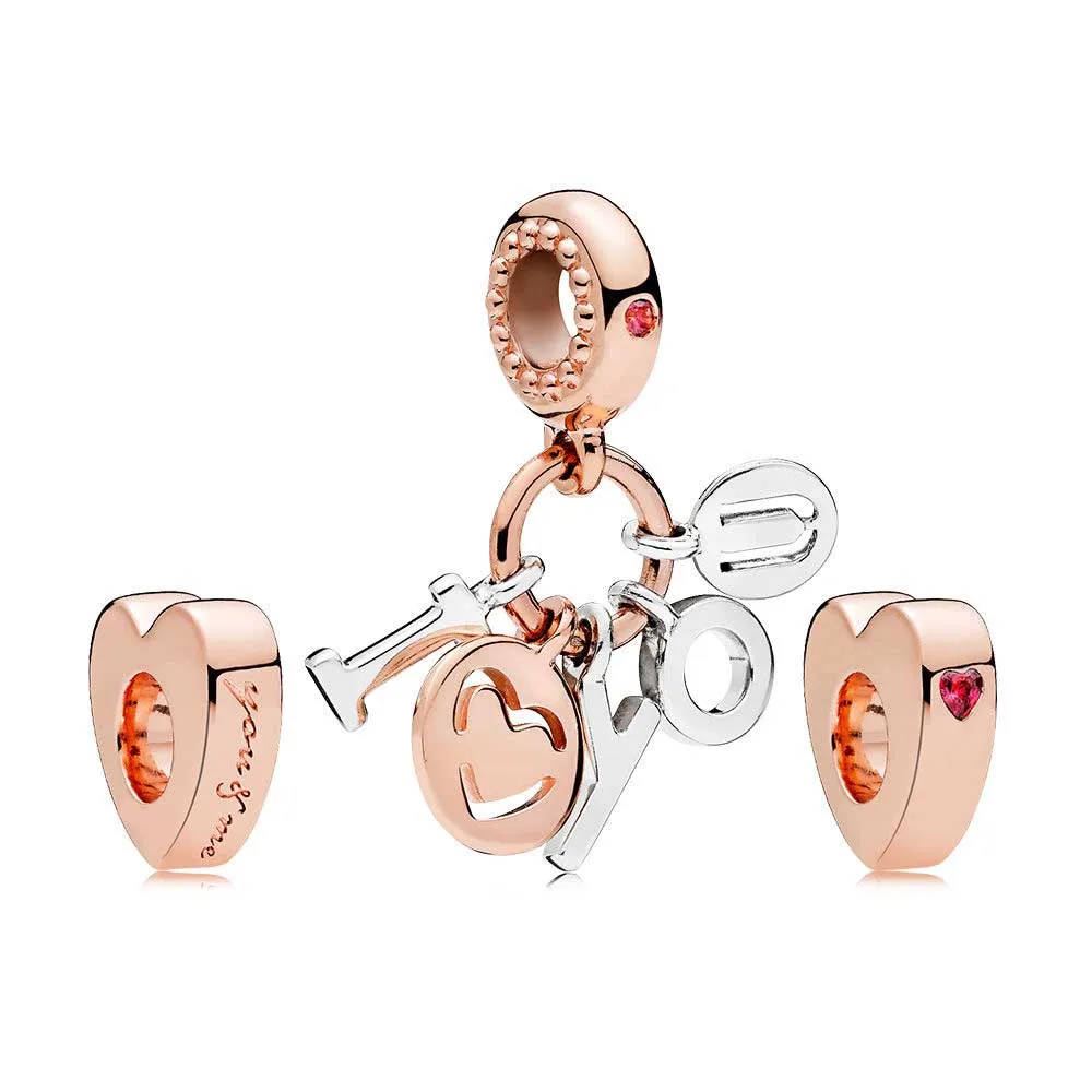 

2018 NEW 100% 925 Sterling Silver Pendant Rose Gold I Love You Charm Pack Bead Fit Original Bracelets Jewelry Set Gift