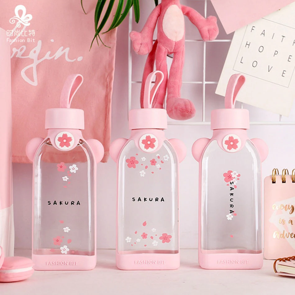 Kawaii Cute Glass Water Bottle Portable Rope Travel Mini Glass Cup Cactus Flamingo Girls School Office Glass Cup