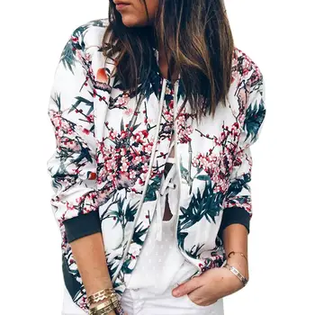 

Casual Women Floral Print Long Sleeve Zipper Boomer Jacket Baseball Coat Outwear