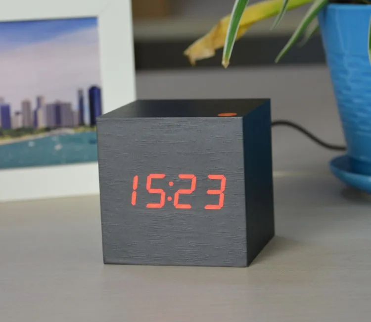 Mini Cube Wooden Clock Voice Control Electronic Table Clock LED Digital Desk Watch Nixie Radio For Children Bedside Alarm Clock