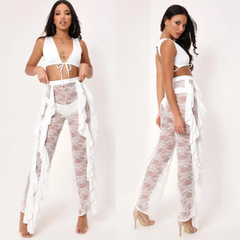 

Fashion Flared Pants High Waist Leg Mesh Lace Up Women See Through Casual Long Trousers Harem Pants Beachwear Summer Holiday
