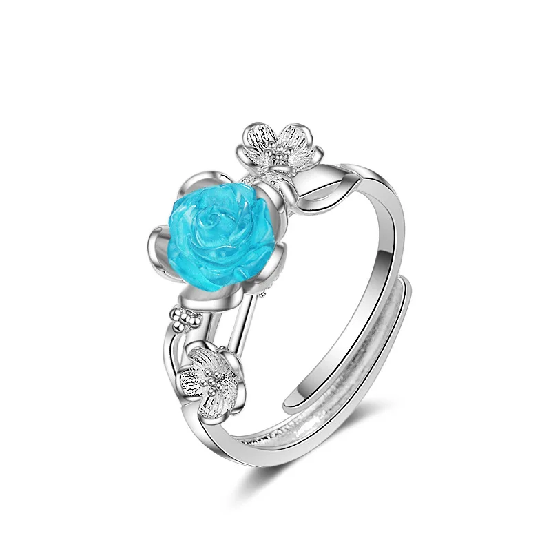 

New arrival fashion blue rose flower sweet 925 sterling silver ladies`finger rings jewelry for women girls open ring no fade
