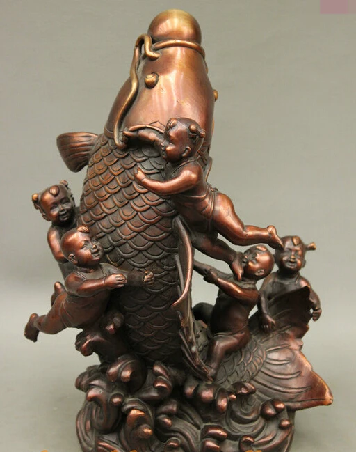 

R0720 Details about FengShui Chinese Folk Bronze Lucky Wealth 5 Kids Child Dragon Ball Fish Statue