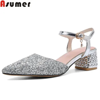 

ASUMER 2019 summer sandals women pointed toe shallow med heels ladies shoes bling ladies prom shoes elegant prom women sandals