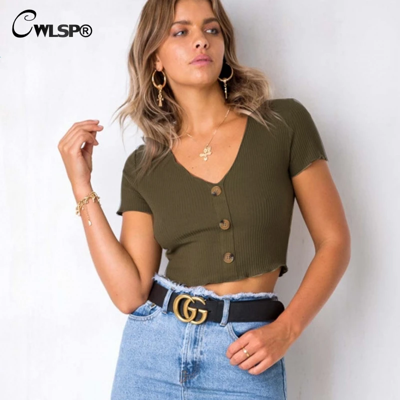 

CWLSP Stretchable Ribbed Knitted t shirts for Women Summer Elastic Crop Top with Buttons Lady Solid tee camiseta feminina QL3726