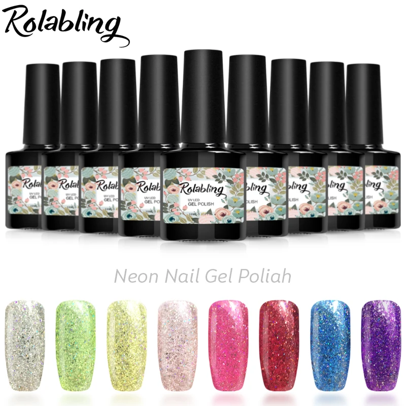 

Rolabling Rainbow 8 Colors 10ML Neon Nail Gel Polish Long Lasting Glitter Gel Nail Art Gel Lacquer Glue Vernis Soak Off