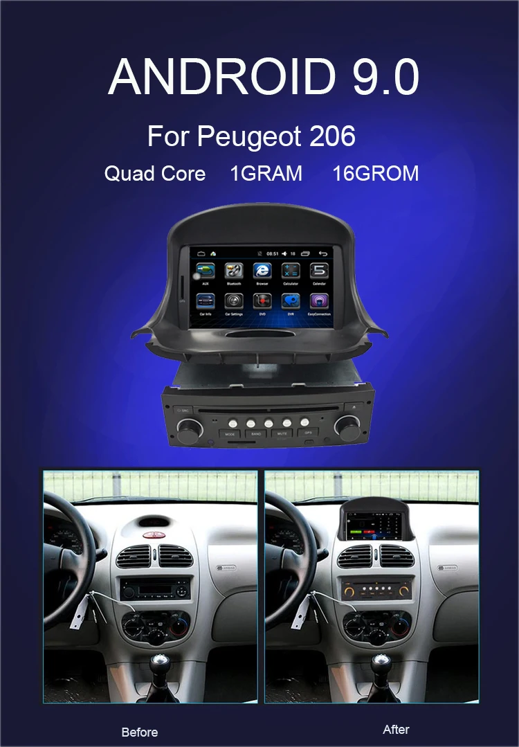 Top Android 9.0 Car DVD autoradio For peugeot 206 2007-2014 Auto Radio GPS Navigation Audio Video  WiFi 1GB RAM 1