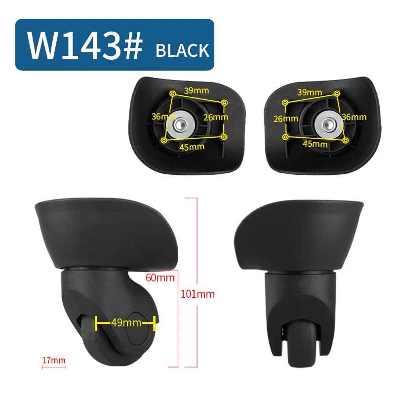Запасные колеса для Аксессуары для чемоданов, чехол для костюма, запчасти для оборудования, чехол для тележки, ролики, высокое качество, колеса - Цвет: W143(2 Wheels)Black