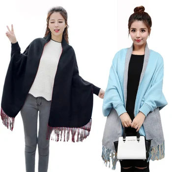 

2019 Spring Autumn Women's Poncho Femme Hiver Loose Tassel Knitted Long Ponchos and Capes Shawls Women Ponchos Capas