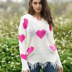 Свитер женский 2019 осень и зима новый любовь сшивание v-образным вырезом свитер женский свободный пуловер свитер украшение кисточкой
