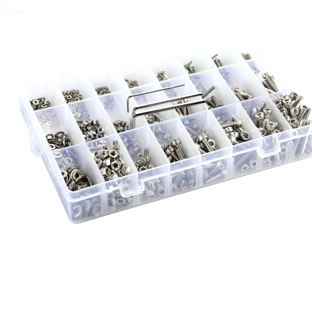 

1080pcs Stainless Steel Screw and Nut Hex Wrenches Flat Washer Assortment Set Kit Different specifications with Storage Box