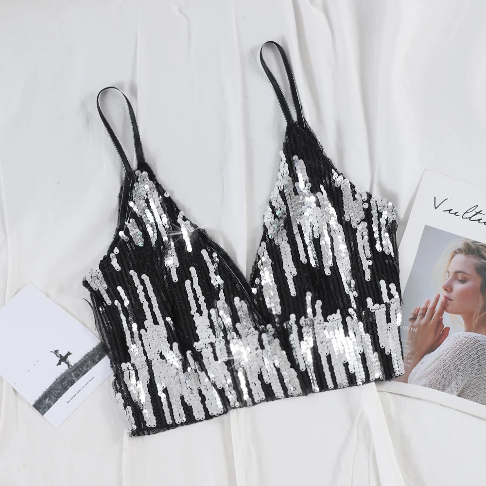 

2019 summer sexy women bikini camis shiny bling bling camisole woman sequins tanks tops female shiny crop tops