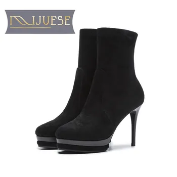 

MLJUESE 2019 women Mid calf boots stretch fabric thin heel high heels autumn spring platform women boots size 33-40