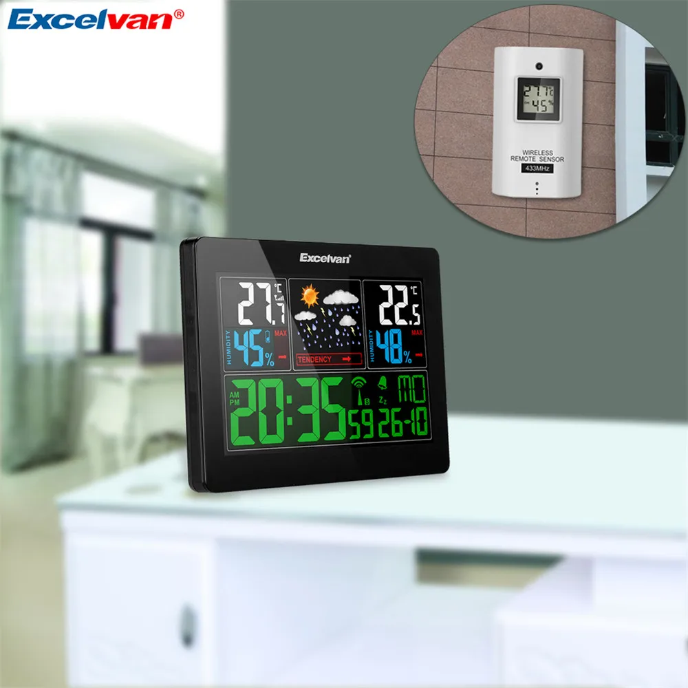 EXCELVAN COLOR Wireless Weather Station With Forecast Temperature Humidity EU Plug Alarm and Snooze Thermometer Hygrometer Clock1