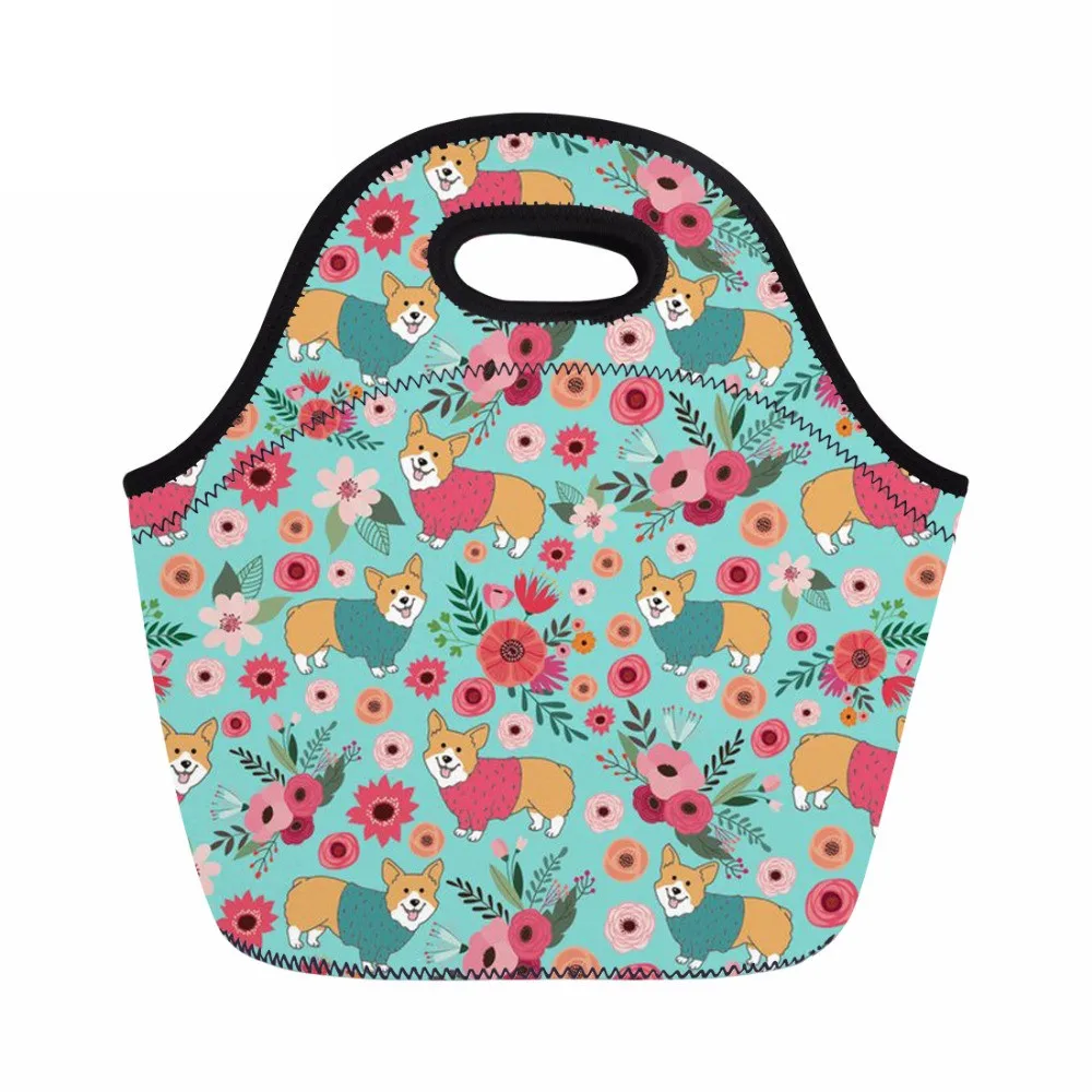 

FORUDESIGNS Corgi Lunch Bag Lovely Puppy Print Neoprene Lunch Box for Women Hand Tote Girls Pinic Snacks Container