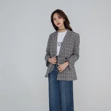 Spring Plaid Double-breasted Casual Small Suit Jacket Double Breasted Notched Plaid Women Clothing Women Jackets and Coats 2019