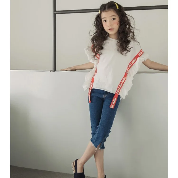 

2019 Summer Popular Korean Style Girls Jeans Cotton Slim Calf-length Jeans Casual Big Girls 14 15 Years Old Daily Outing Jeans