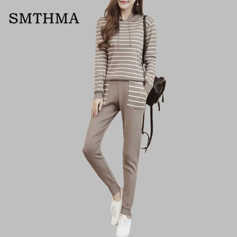 

SMTHMA Women Sweater Two Piece Set 2019 Casual Long-sleeved Striped Top And Pants Women Knitted Set