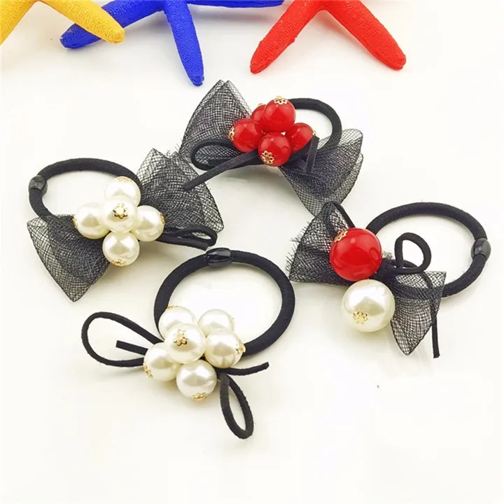 3 Cute Princess Pearl Bow Hairwear Ponytail Holder Hair Accessories For Women Lace Elastic Hair Rope Band Ties Girls Headdress Hairrope