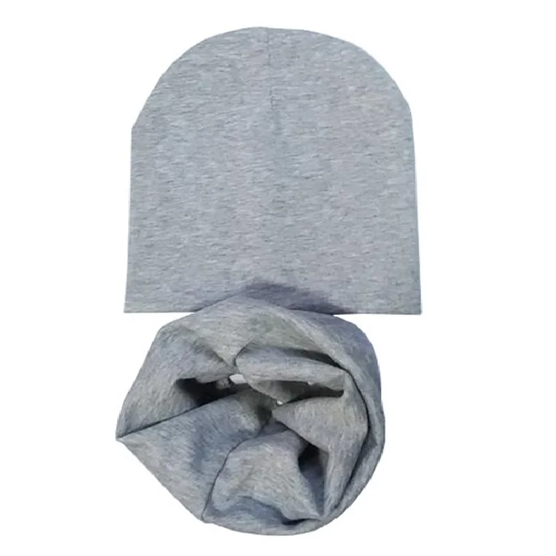 Grey solid Set Для детей от 4 до 12 лет, одноцветная хлопковая детская шапка, шарф, комплект, Осень-зима, для мальчиков и девочек, шапочки, шапка - Цвет: Grey solid Set