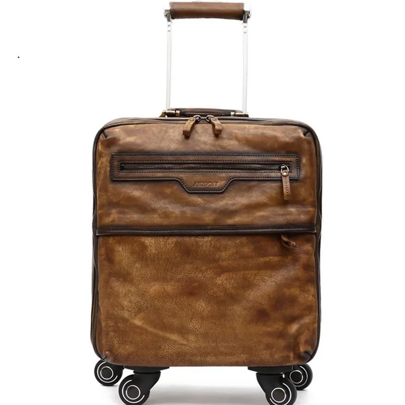 

BeaSumore Rolling Luggage Spinner Genuine Leather Wheel Suitcases Cowhide Trolley 16 inch Brown retro Cabin Travel Bag