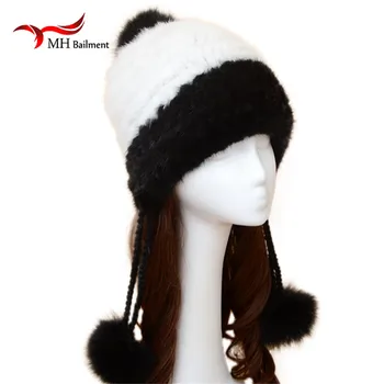 

New Women's Beanies Hats Real Fur For women Rabbit Fur Fox ball Circled Strip Hats Solid Russian Winter Caps hat W#23