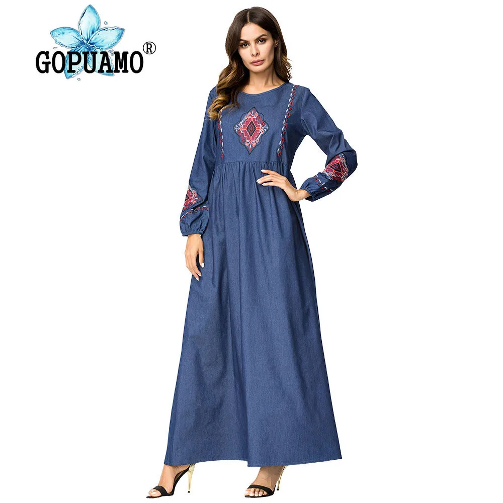 

Abayas For Women Embroidery Long Dresses Blue Maxi Muslim Denim Dress Arab Dubai Islamic Clothing Ladies Plus Size Fashion Robe