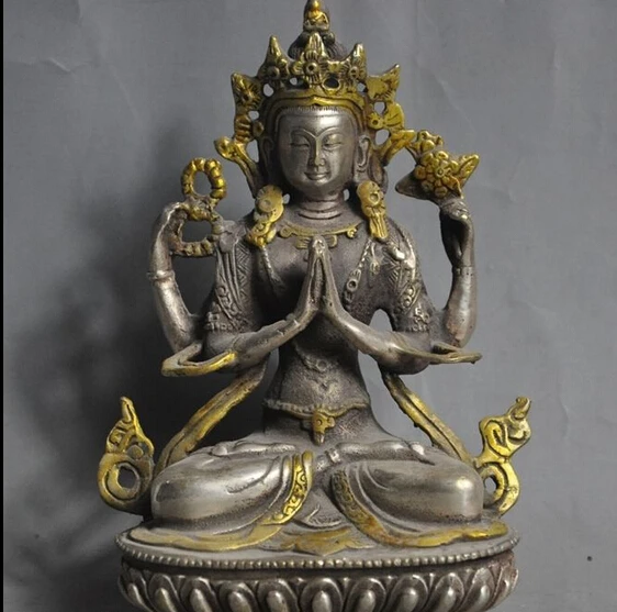 

decoration bronze factory outlets Tibet Silver tibet buddhism Joss Silver Gilt 4 Arms Chenrezig goddess Tara kwanyin statue