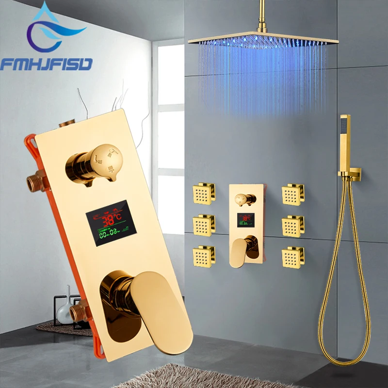 Золотой ванны смеситель для душа цифровой Дисплей смеситель для ванны комплекты встраиваемая коробка тройной клапан для spa массажа тела струй насадка светодиодный Насадки для душа