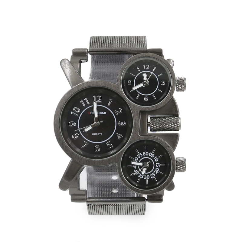new arrival unique design three time zones quartz watches for men military style steel mesh watchband free shipping (6)