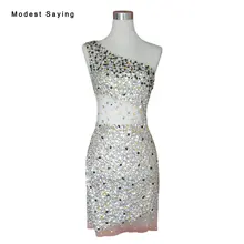 Real Escarpada Atractiva Recta de Un Hombro Vestidos de Coctel Cortos Rhinestone 2017 Mini Dance Party Prom Vestido vestidos de coctel YC21
