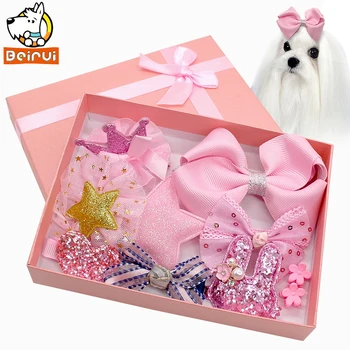 

9pcs Dog Hair Clips Pink Hair Bows Handmade Pet Grooming Products Varies Patterns Bowknot Small Dogs Accessories