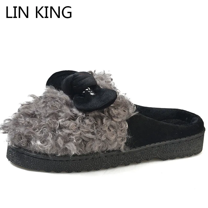 

LIN KING Cute Bowtie Women Home Slippers Winter Warm Plush Indoor Slippers Slip On Lazy Cotton Shoes Non-slip Ladies Floor Shoes