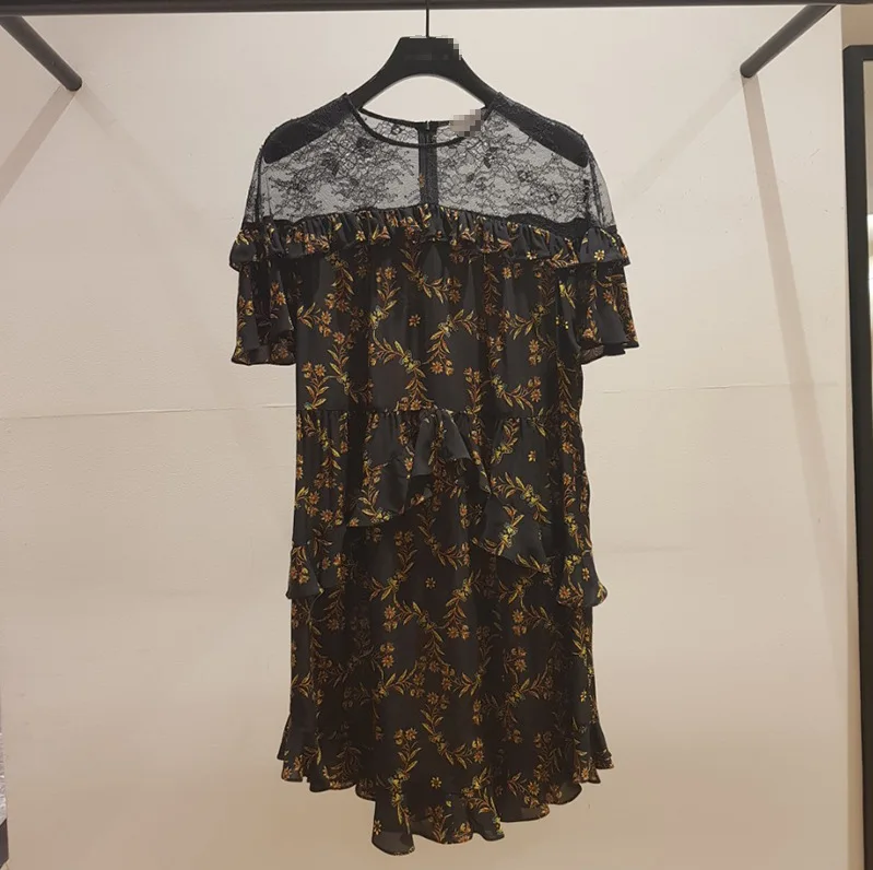 

2019 Spring and Summer New Dress Lace Full Body Printed Women's Black Dress Print Zippers Mid-Calf A-Line Women Clothes Dress