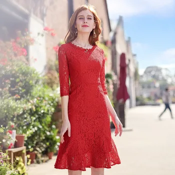 

Spring 2020 new elegant women's red lace dress slim fashion sweet fish tail dress for ladies holiday casual wear
