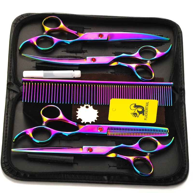 

7.0 inch Pet Scissors Dog Grooming Scissors Set Straight & Curved & Thinning Shears Sharp Edge Animals Hair Cutting Tools Kit