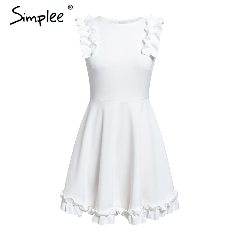 Simplee Sexy ruffle backless wome dresses O neck sleeveless party summer spring white dress Casual elegant solid dress festa - Цвет: Белый