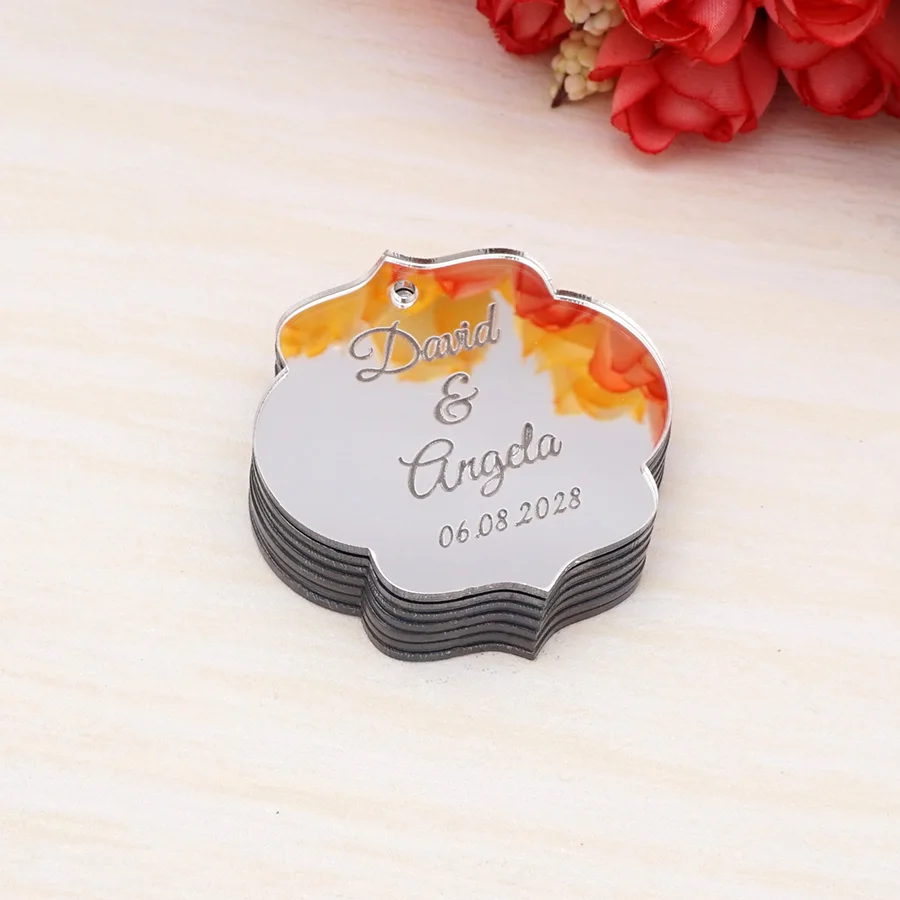 

100pcs Personalized Engrave Name Mirror Custom Wedding Tags Guest Gifts Fancy Oval Invitation Cards Party Decor Favors 4X4cm